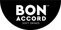 Logo with black semicircle and white capital letters with words 