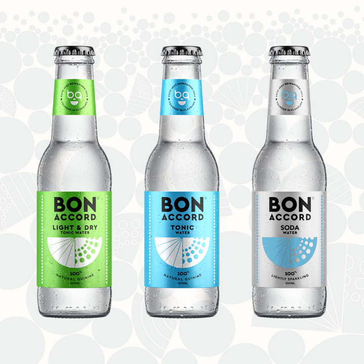 A picture of three bottles. Pictured (left to right) is Bon Accord Soft Drinks' Light and Dry Tonic Water, Tonic Water and Soda Water. 