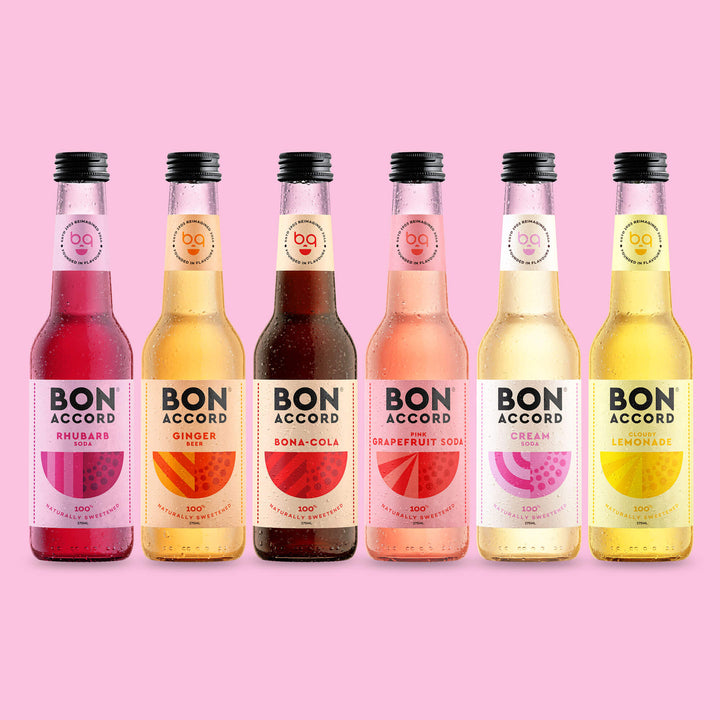 Six bottles of Bon Accord soda against pastel pink backdrop
